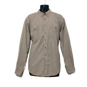 L.L. Bean Mens LS Button Up Tan Shirt w Burgundy Stripes 2 Chest Pkt Meas Sz 2XL